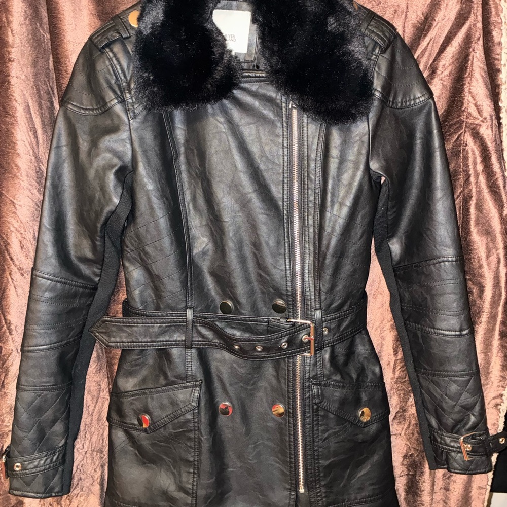 River Island Black Leather Jacket with Faux Fur Trim